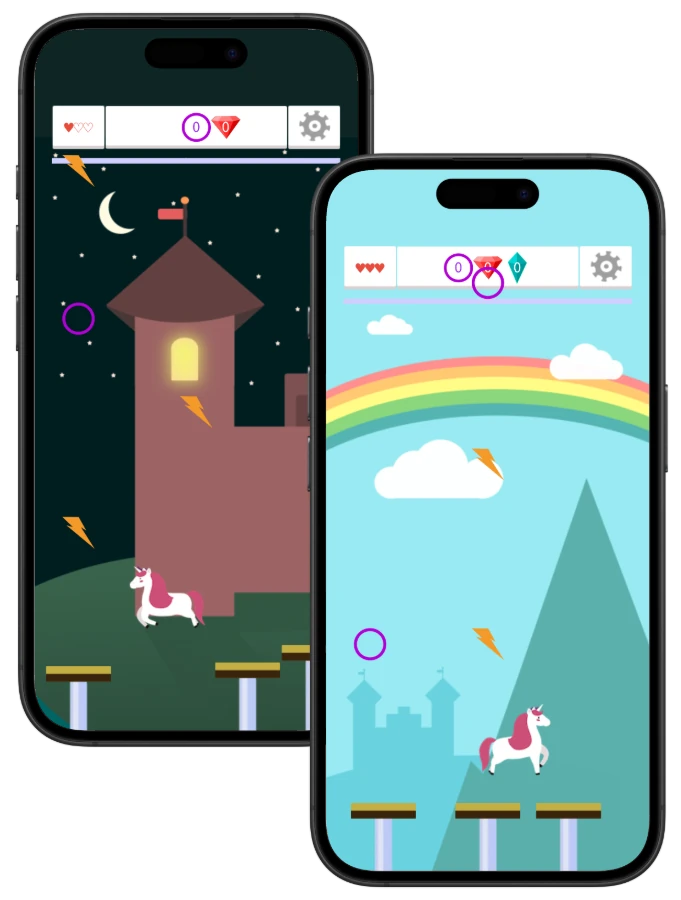 screenshots from unicorn hop adventures mobile game